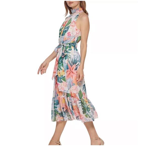 ELIZA J Dress 12 Midi Halter Floral Keyhole Button Neck Closure Ruffle Hem Lined - Picture 2 of 16
